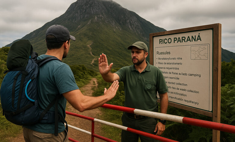 Fiscal barra trilheiro na entrada do Pico Paraná, reforçando novas regras de visitação e preservação ambiental.