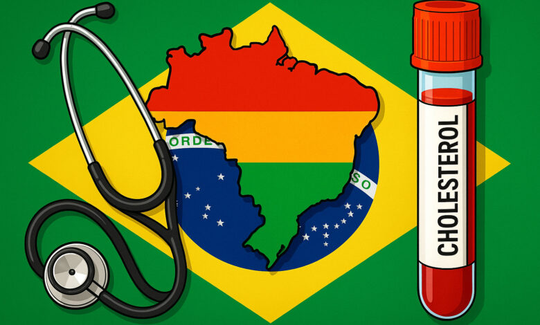 Estetoscópio, mapa do Brasil e tubo de colesterol sobre a bandeira brasileira, simbolizando a nova diretriz da SBC em 2025.