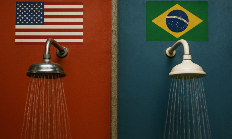 Banheiro típico no Brasil com chuveiro elétrico em funcionamento.