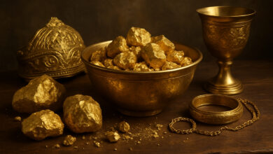 Barras, joias e pepitas de ouro em mesa rústica, simbolizando a exploração colonial na Colômbia e no Brasil