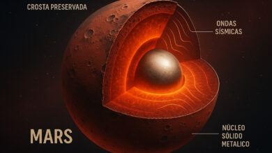 Ilustração do interior de Marte destacando núcleo sólido e crosta preservada.