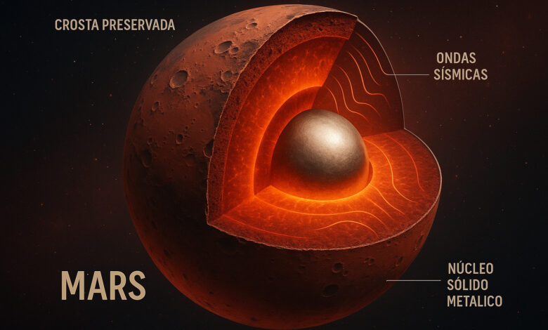 Ilustração do interior de Marte destacando núcleo sólido e crosta preservada.