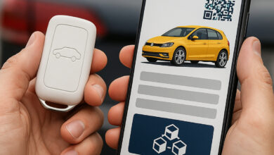 Pessoa segurando chave de carro e smartphone exibindo passaporte digital veicular em blockchain, representando a tokenização de veículos no Paraná.