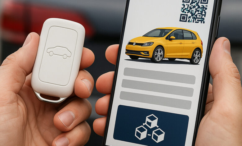 Pessoa segurando chave de carro e smartphone exibindo passaporte digital veicular em blockchain, representando a tokenização de veículos no Paraná.