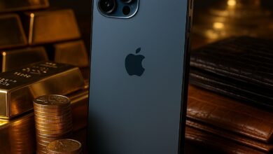 iPhone azul em destaque cercado por moedas de ouro e itens de luxo, simbolizando o celular como artigo de luxo acessível em 2025.