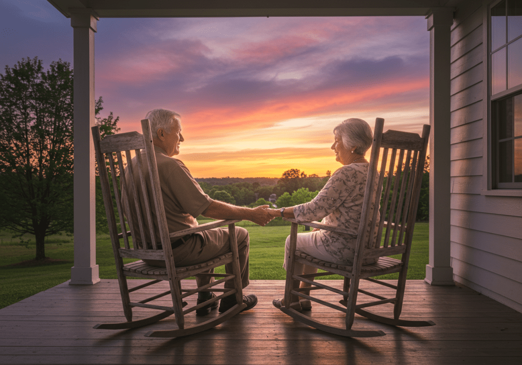 Um casal idoso de mãos dadas, contemplando o pôr do sol.
