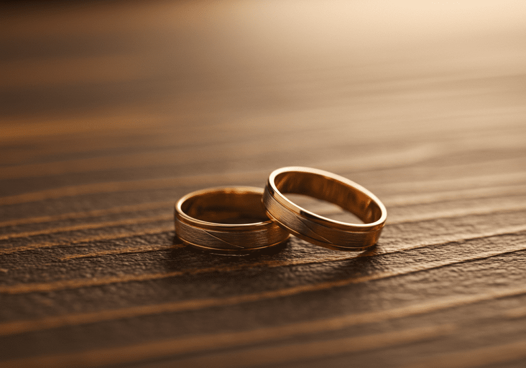 Duas alianças sobre uma mesa, simbolizando um amor eterno.