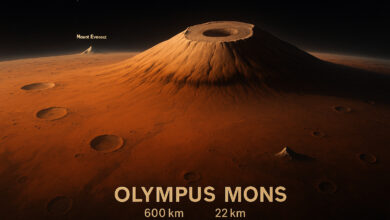 Monte Olimpo em Marte, maior vulcão do Sistema Solar, visto do espaço com destaque para sua altura de 22 km.