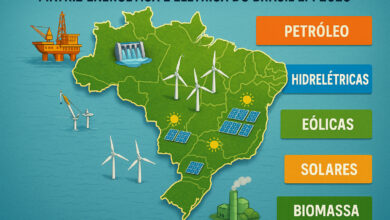Mapa da matriz energética e elétrica brasileira em 2025 com petróleo, hidrelétricas, eólicas, solares e biomassa.