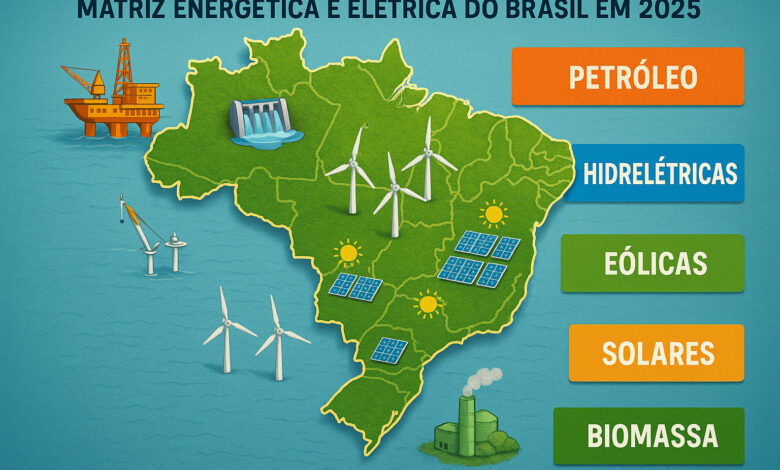 Mapa da matriz energética e elétrica brasileira em 2025 com petróleo, hidrelétricas, eólicas, solares e biomassa.