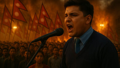 Jovem nepalês liderando protesto em Katmandu contra corrupção e censura, segurando microfone diante de multidão.