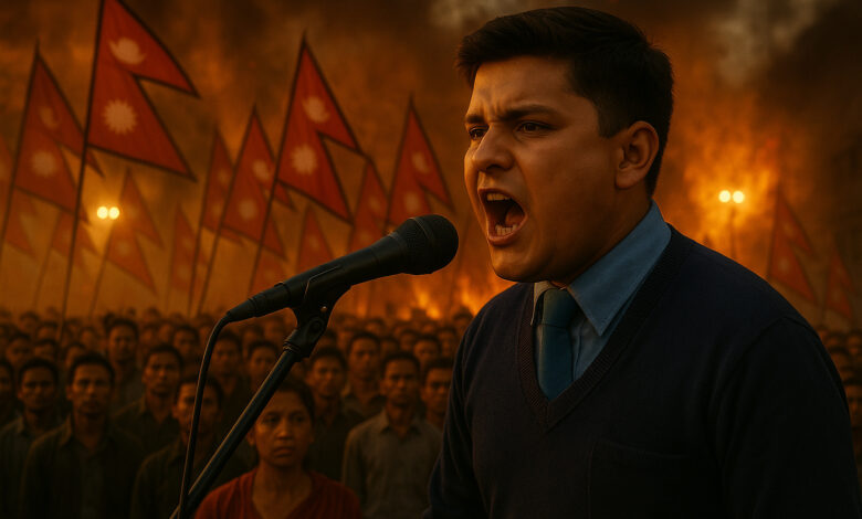 Jovem nepalês liderando protesto em Katmandu contra corrupção e censura, segurando microfone diante de multidão.