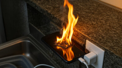 Celular pegando fogo durante o carregamento em cozinha, representando risco de incêndio causado por uso incorreto de carregador.