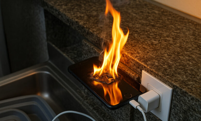 Celular pegando fogo durante o carregamento em cozinha, representando risco de incêndio causado por uso incorreto de carregador.