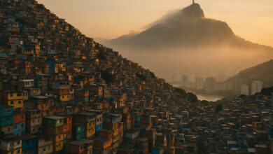 Contraste entre favelas e bairros de luxo no Rio de Janeiro, destacando a Rocinha e o Leblon ao pôr do sol.