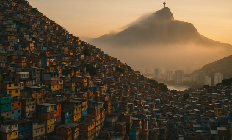 Contraste entre favelas e bairros de luxo no Rio de Janeiro, destacando a Rocinha e o Leblon ao pôr do sol.