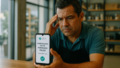 Comerciante preocupado analisa comprovante falso de Pix agendado em loja.