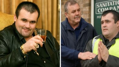 Montagem realista mostrando Michael Carroll, o ex-lixeiro britânico que ganhou £10 milhões na loteria, de um lado esbanjando dinheiro com luxo e extravagâncias, e do outro pedindo emprego de volta após perder toda a fortuna.