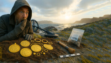 Homem de 51 anos acha colar de ouro de 1.500 anos com detector de metais, mas é obrigado a entregar tudo para o estado, em ilha perto de Stavanger, na Noruega