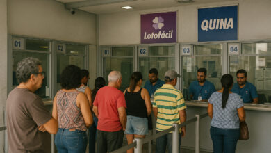 Casa lotérica brasileira com filas e atendentes atrás de vidro blindado.