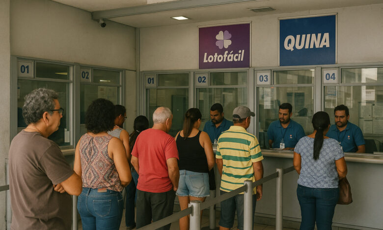Casa lotérica brasileira com filas e atendentes atrás de vidro blindado.
