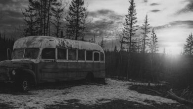 Fotografia realista do Ônibus Mágico de A Natureza Selvagem no Alasca, local onde Christopher McCandless viveu seus últimos dias e que atrai viajantes em busca da mesma experiência.