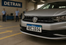 carro com a nova Placa Mercosul e QR Code em via urbana de São Paulo.