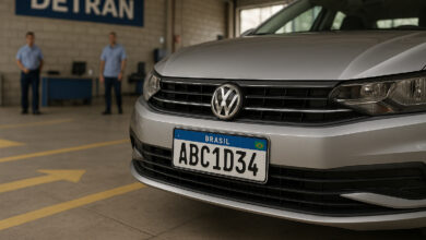 carro com a nova Placa Mercosul e QR Code em via urbana de São Paulo.