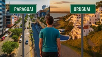 Imagem dividida mostrando à esquerda Assunção, no Paraguai, e à direita Montevidéu, no Uruguai, com um homem de costas avaliando para qual país seguir.