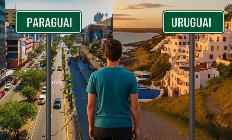 Imagem dividida mostrando à esquerda Assunção, no Paraguai, e à direita Montevidéu, no Uruguai, com um homem de costas avaliando para qual país seguir.