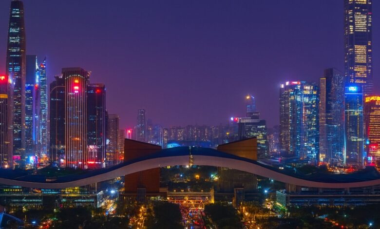 Fotografia realista em formato paisagem mostrando o distrito de Guiwan, em Shenzhen, China, com arranha-céus iluminados, ruas movimentadas e outdoors tecnológicos. A cena transmite prosperidade, riqueza e inovação, representando o rápido crescimento econômico da cidade. Estilo fotojornalismo contemporâneo, luz noturna vibrante e atmosfera de desenvolvimento urbano acelerado