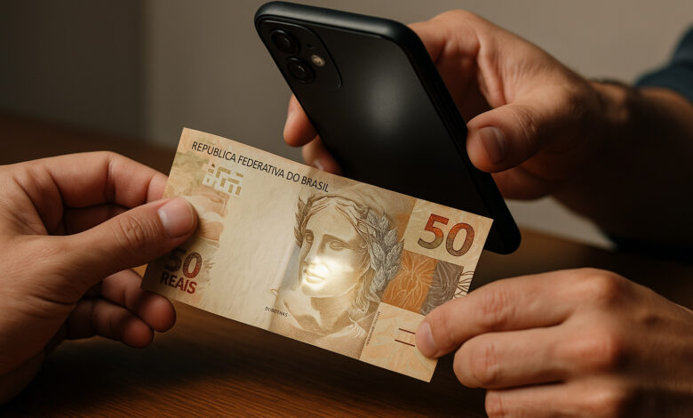 Pessoa usa o celular com lanterna acesa para verificar a autenticidade de uma nota de 50 reais, observando a marca d’água sob a luz.