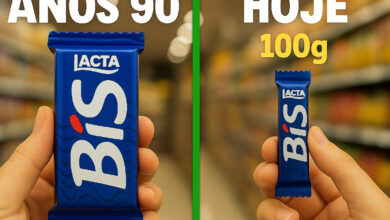 Produtos brasileiros antigos e atuais lado a lado, mostrando embalagens menores e redução de peso.