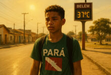 Jovem paraense caminha sob sol de 37 °C em rua sem árvores, representando o calor extremo de Belém em 2025.