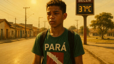 Jovem paraense caminha sob sol de 37 °C em rua sem árvores, representando o calor extremo de Belém em 2025.