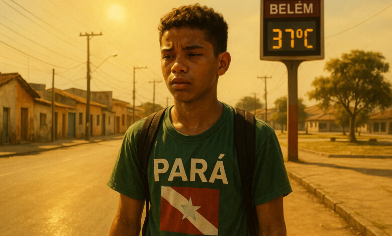 Jovem paraense caminha sob sol de 37 °C em rua sem árvores, representando o calor extremo de Belém em 2025.