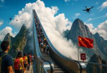 China inaugura escada gigante em Lingshan e promete acesso ao topo da montanha em 10 minutos, atraindo turistas com operação eficiente que literalmente leva turistas às melhores vistas.