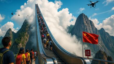 China inaugura escada gigante em Lingshan e promete acesso ao topo da montanha em 10 minutos, atraindo turistas com operação eficiente que literalmente leva turistas às melhores vistas.