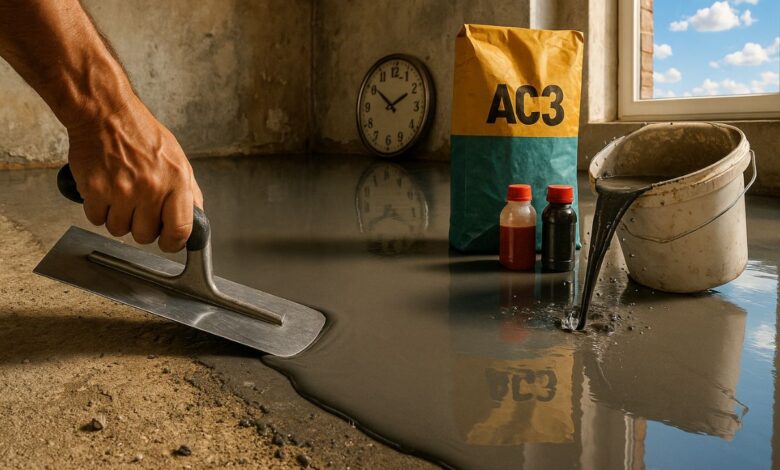 Aprenda passo a passo o cimento queimado autonivelante caseiro, usando argamassa AC3 sobre o piso grosso, com efeito de cimento queimado, acabamento com cera incolor e piso liso digno de obra profissional.