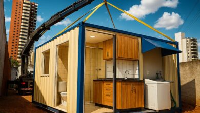 Contêiner adaptado em Campinas vira casa completa com banheiro pronto, cozinha planejada funcional, lavanderia organizada e área externa pensada para uso diário, mostrando que esse tipo de contêiner pode virar moradia real.