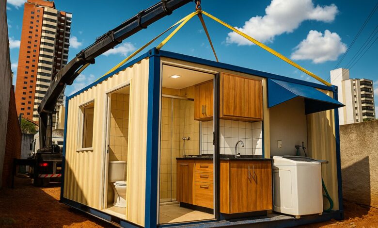 Contêiner adaptado em Campinas vira casa completa com banheiro pronto, cozinha planejada funcional, lavanderia organizada e área externa pensada para uso diário, mostrando que esse tipo de contêiner pode virar moradia real.