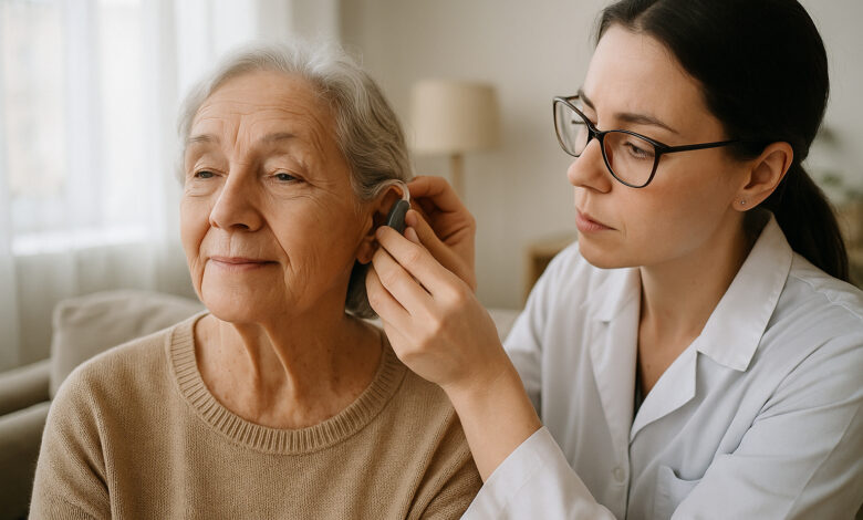 Idosa sendo auxiliada por fonoaudióloga para usar aparelho auditivo moderno, ilustrando reportagem sobre monopólio global e acessibilidade.
