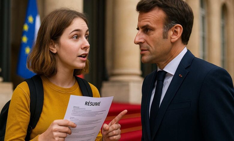 Estudante surpreende Macron ao pedir estágio durante o Fórum; presidente da França reage com humor e solicita que ela envie seu currículo