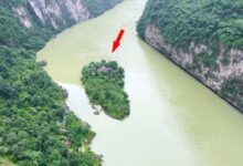 Família vive isolada em uma ilha no Rio Jinkou, com água disponível, natureza preservada e proteção do cânion há mais de 20 anos.