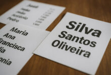 Folhas impressas com os nomes e sobrenomes mais comuns do Brasil, incluindo Silva, Santos, Oliveira, Maria e José, conforme o Censo 2022 do IBGE.