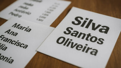 Folhas impressas com os nomes e sobrenomes mais comuns do Brasil, incluindo Silva, Santos, Oliveira, Maria e José, conforme o Censo 2022 do IBGE.