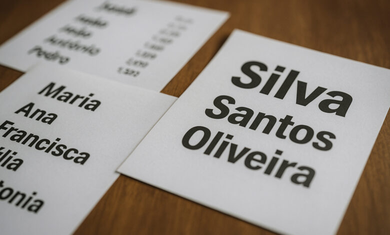 Folhas impressas com os nomes e sobrenomes mais comuns do Brasil, incluindo Silva, Santos, Oliveira, Maria e José, conforme o Censo 2022 do IBGE.