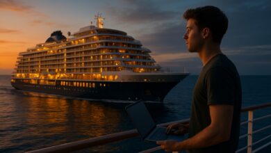 Jovem paga US$ 300 mil por 12 anos de aluguel em um navio-residência que dará a volta ao mundo com todo o conforto de uma cidade flutuante