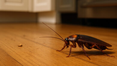 Barata caminhando em piso de cozinha, representando risco biológico e sinais de desequilíbrio doméstico