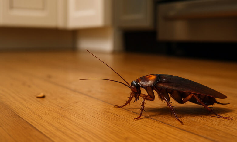 Barata caminhando em piso de cozinha, representando risco biológico e sinais de desequilíbrio doméstico